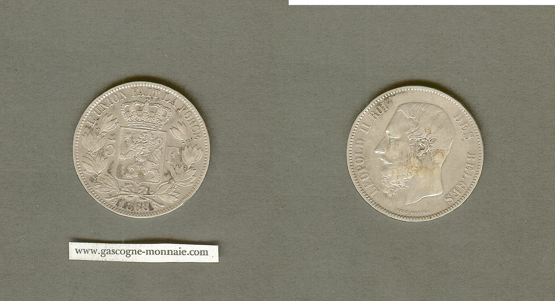 Belgique Leopold II 5 Francs 1868 Brussels TTB